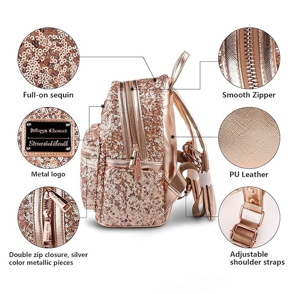 Girls Fashion Rose Gold Sequin Mini Backpack Purse - Picture 5 of 6